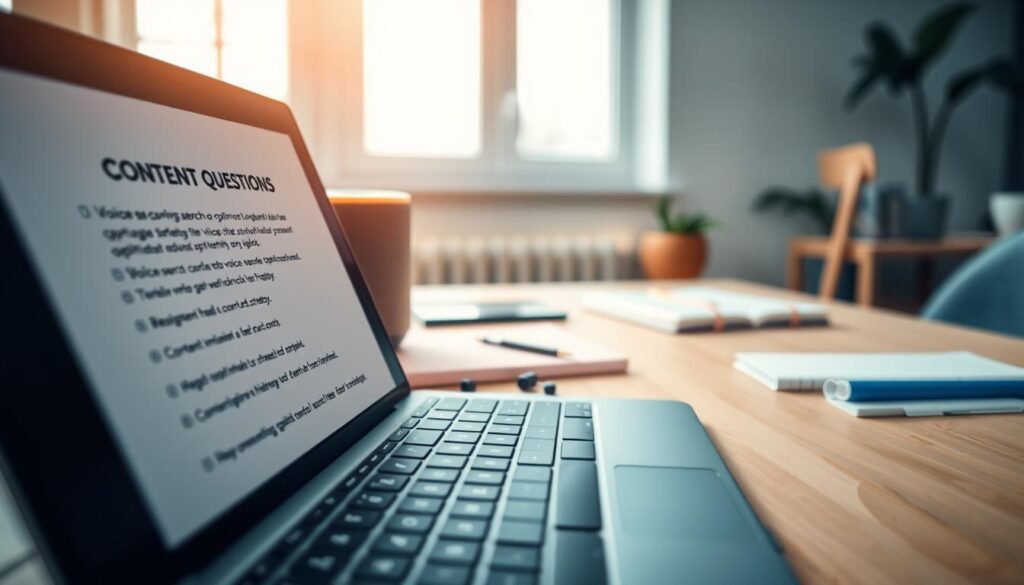 A close-up image of a modern workspace illustrating the concept of "content questions." In the foreground, a laptop with an open document displaying bullet points about voice search optimization strategies. To the side, a digital voice assistant device emits a soft glow, symbolizing the rise of voice queries. In the middle ground, a light wooden desk with neatly arranged notebooks and stationery, hinting at brainstorming for content strategy. The background features a blurred window with natural light streaming in, creating a fresh and inspiring atmosphere. The overall mood is focused and professional, with a color palette that includes soft blues and greens, emphasizing innovation in digital marketing strategies. Captured from a slightly angled perspective to provide depth.