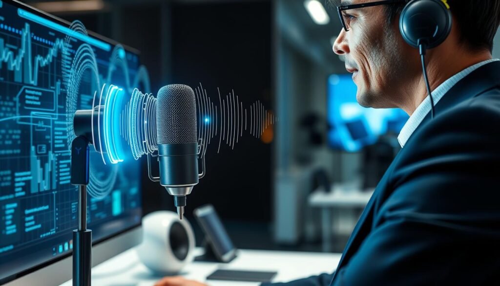 A close-up of a modern office environment, showcasing a sleek computer setup displaying a dynamic visual representation of speech recognition technology. In the foreground, a professional individual in business attire is engaging with the system, speaking confidently into a high-tech microphone. The middle layers feature sound waves and data streams visually emerging from the microphone, symbolizing voice input being processed. In the background, you can see soft-focus elements like a smart speaker and digital display screens that reflect activity in voice AI applications. The lighting is bright and focused, casting soft shadows to create a tech-savvy atmosphere. The overall mood is innovative and professional, highlighting the seamless integration of AI into business communication.