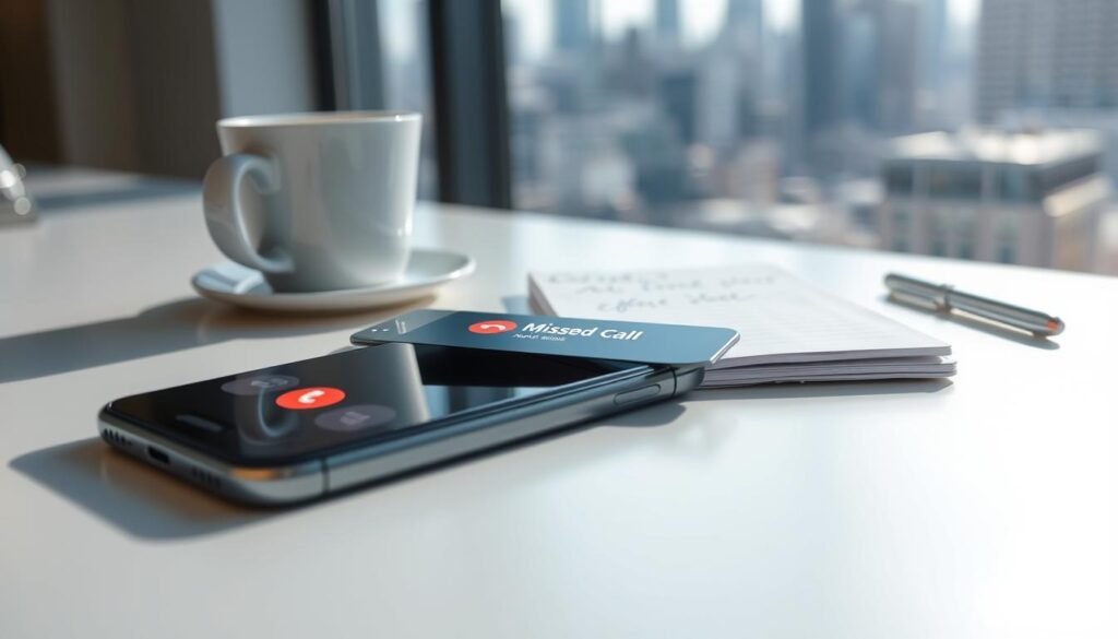A close-up view of a smartphone lying on a sleek, modern office desk, displaying a prominent "Missed Call" notification. In the foreground, the phone screen is brightly lit, showcasing the red notification icon, contrasting with the cool tones of the desk. In the middle ground, a stylized cup of coffee and a notepad with handwritten notes provide a professional context, emphasizing a busy work environment. In the background, a soft-focus window reveals a city skyline, hinting at a typical day, with natural light streaming in, creating an inviting atmosphere. The overall mood is professional and tech-savvy, symbolizing the importance of communication in today’s business.