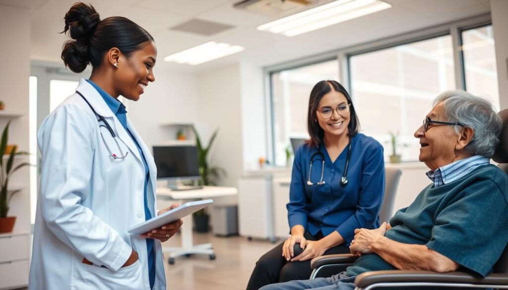 A compassionate healthcare professional interacting with a patient in a well-lit, modern clinic. In the foreground, a nurse dressed in smart, professional attire is attentively listening to an elderly patient sitting comfortably in a consultation chair, showcasing empathy through their warm expression. The middle ground features a clean, organized examination room with medical equipment and soothing decor, such as plants and calming colors, evoking a sense of trust and support. The background includes large windows letting in soft, natural light, creating an inviting atmosphere. The overall mood is one of understanding and care, emphasizing the integration of technology in facilitating efficient patient communication, while maintaining a human touch.