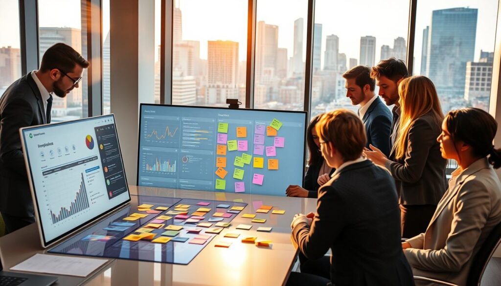 A contemporary office space showcasing a digital project management platform in action. In the foreground, a diverse group of professionals, dressed in smart business attire, collaborate around a sleek conference table, intently focused on a large touchscreen displaying graphs, timelines, and task lists. In the middle, an organized workspace includes colorful sticky notes and holographic displays, illustrating the integration of AI in project management. The background features floor-to-ceiling windows revealing a city skyline bathed in natural sunlight, creating a bright and optimistic atmosphere. The lighting is warm and inviting, accentuating the teamwork and innovation spirit of cross-functional collaboration. The angle captures the vibrancy of the office environment, making it feel dynamic and forward-thinking. A contemporary office space showcasing a digital project management platform in action. In the foreground, a diverse group of professionals, dressed in smart business attire, collaborate around a sleek conference table, intently focused on a large touchscreen displaying graphs, timelines, and task lists. In the middle, an organized workspace includes colorful sticky notes and holographic displays, illustrating the integration of AI in project management. The background features floor-to-ceiling windows revealing a city skyline bathed in natural sunlight, creating a bright and optimistic atmosphere. The lighting is warm and inviting, accentuating the teamwork and innovation spirit of cross-functional collaboration. The angle captures the vibrancy of the office environment, making it feel dynamic and forward-thinking.