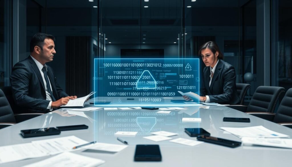 A corporate office environment serves as the backdrop, with sleek glass walls and modern furniture. In the foreground, a group of three business professionals—two men and one woman—dressed in business attire, are engaged in a serious discussion, their expressions conveying concern. Papers and digital devices are scattered on a polished conference table, symbolizing the chaos of data leaks. In the middle ground, a faint holographic projection of binary code and warning symbols reflects off the table, representing the digital risks associated with public chatbots. Dim, focused lighting highlights the figures, creating a tense and serious atmosphere, while soft blue and gray tones enhance the feeling of urgency and caution in the scene.