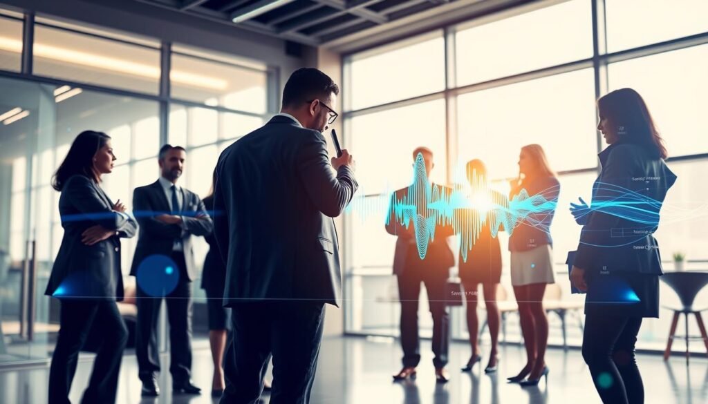 A dynamic and futuristic scene depicting the concept of "voice" in a business setting. In the foreground, a diverse group of professionals, dressed in smart business attire, are gathered around a sleek, transparent digital interface displaying soundwave patterns and data analytics. In the middle, a vibrant soundwave visual flows through the space, symbolizing the power of voice AI, interconnecting the figures with vivid colors like blue and green. In the background, a modern office environment is visible, with large windows letting in soft, diffused natural light, enhancing the sense of innovation and collaboration. The overall mood is one of excitement and progress, reflecting the rapid adoption of private Voice AI in business. The image is well-lit and captures a hopeful atmosphere with a focus on teamwork and technology.