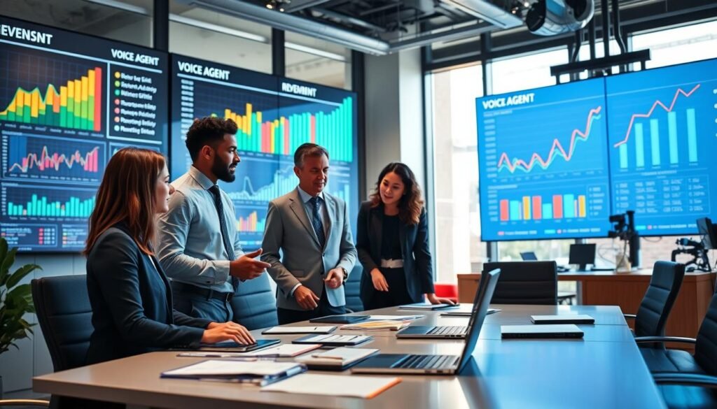 A dynamic office environment, showcasing a modern workspace with large screens displaying colorful graphs and charts indicating revenue trends in the voice AI market. In the foreground, a diverse group of three professionals, dressed in business attire, are engaged in a focused discussion, analyzing data. In the middle ground, a sleek conference table is cluttered with notepads, laptops, and digital devices showing voice agent interfaces. The background features large windows allowing natural light to flood in, giving a sense of openness. The atmosphere is energetic and collaborative, embodying a sense of innovation and progress in the voice AI sector. Use soft, diffused lighting to enhance the professionalism of the scene, with a slight focus blur on the background to keep the attention on the team. A dynamic office environment, showcasing a modern workspace with large screens displaying colorful graphs and charts indicating revenue trends in the voice AI market. In the foreground, a diverse group of three professionals, dressed in business attire, are engaged in a focused discussion, analyzing data. In the middle ground, a sleek conference table is cluttered with notepads, laptops, and digital devices showing voice agent interfaces. The background features large windows allowing natural light to flood in, giving a sense of openness. The atmosphere is energetic and collaborative, embodying a sense of innovation and progress in the voice AI sector. Use soft, diffused lighting to enhance the professionalism of the scene, with a slight focus blur on the background to keep the attention on the team.