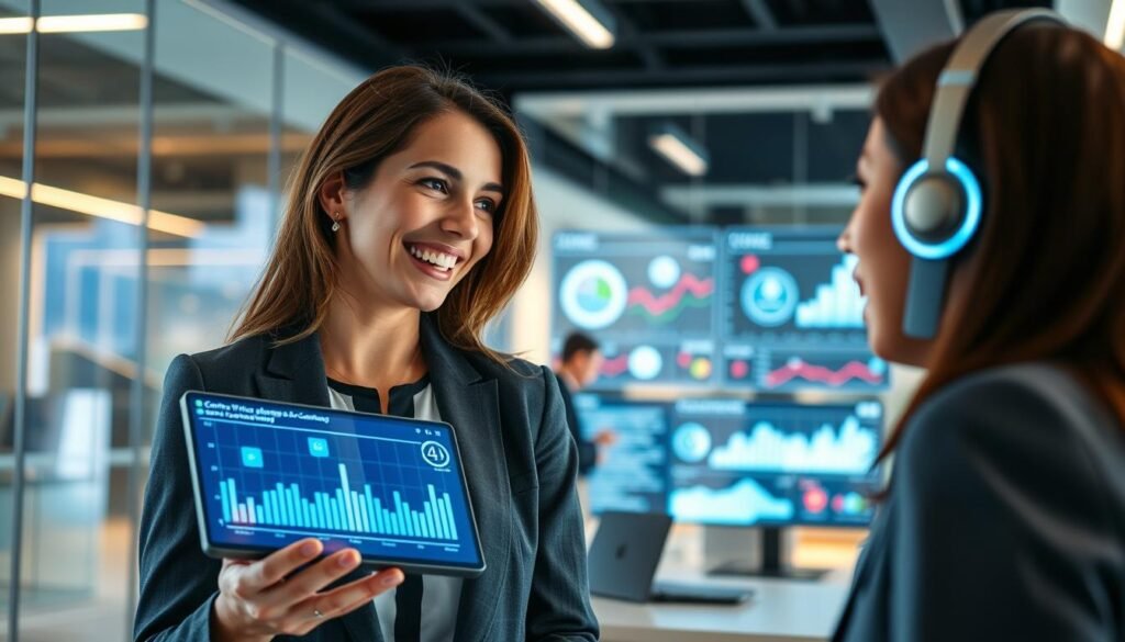 A dynamic scene featuring low-latency voice agents in action, set in a modern corporate office environment. In the foreground, a professional woman wearing a business suit is engaged in an animated conversation with a sleek, futuristic voice assistant device. Her facial expressions convey enthusiasm and engagement. In the middle ground, a digital display shows real-time voice analytics and customer interactions, illuminated by soft, ambient lighting. The background consists of a contemporary office with glass walls and high-tech gadgets, creating a vibrant, efficient atmosphere. Use a wide-angle lens to capture depth and detail, evoking a sense of productivity and innovation. The overall mood should be professional yet lively, highlighting the seamless integration of voice technology in business communication.