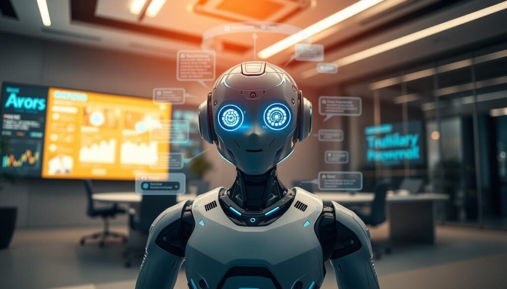 A futuristic AI chatbot is positioned in the foreground, represented as a sleek, humanoid robot with glowing blue accents and expressive digital eyes, conveying a sense of engagement and responsiveness. In the middle ground, a holographic interface displays various data streams and chat bubbles, illustrating its interaction capabilities. The background features a modern, high-tech office environment with large screens showing analytics and chatbot performance metrics, suggesting professionalism and advanced technology. Soft, ambient lighting creates a calming atmosphere, highlighting the chatbot's features against a slightly darker backdrop. The overall mood is one of innovation and caution, hinting at the complexities of AI communication. A wide-angle lens captures the entire scene with depth and clarity, focusing on the chatbot's engaging presence.