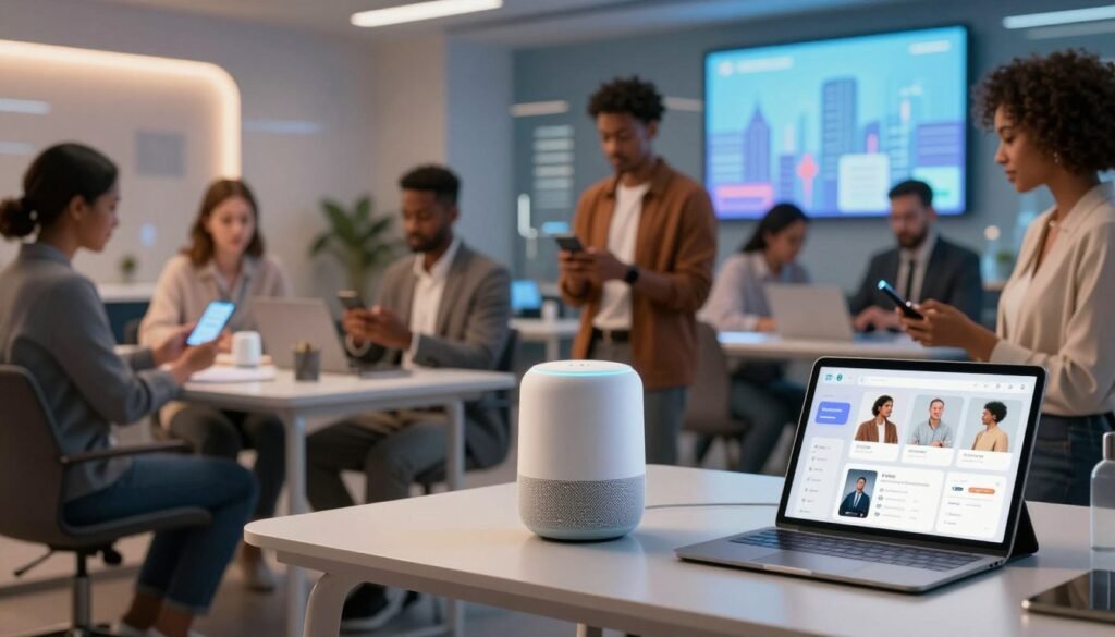 A futuristic digital workspace designed to showcase voice commerce platforms. In the foreground, a sleek, modern smart speaker sits on a stylish desk alongside a tablet displaying a user-friendly voice shopping interface. The middle ground features a diverse group of professional individuals of various ethnicities, dressed in business casual attire, engaging with their voice assistants through smartphones and wearables. In the background, a high-tech cityscape with digital billboards hints at the integration of voice AI into everyday commerce. Soft, ambient lighting creates a warm and inviting atmosphere, emphasizing innovation and connectivity. Use a wide-angle lens perspective to capture both the personal and expansive nature of voice-enabled shopping technology.