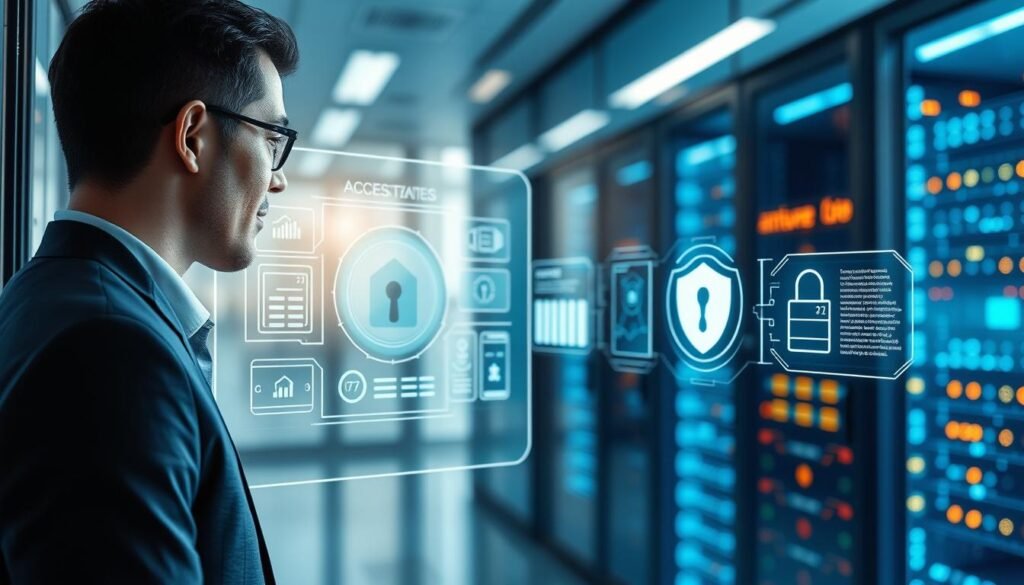 A futuristic digital workspace showcasing advanced AI agents in a secure environment. In the foreground, a professional individual in smart business attire is actively monitoring a holographic interface displaying access control systems and data privacy analytics. The middle layer features sleek, illuminated server racks with dynamic LED indicators, symbolizing data flow and security protocols. In the background, a blurred silhouette of a modern office with glass walls, infused with a blue and green color palette to convey a sense of technological advancement and tranquility. Soft, focused lighting highlights the interaction, creating a professional yet innovative atmosphere, with a perspective that emphasizes depth, drawing the viewer into a world where AI agents are protected by design. A futuristic digital workspace showcasing advanced AI agents in a secure environment. In the foreground, a professional individual in smart business attire is actively monitoring a holographic interface displaying access control systems and data privacy analytics. The middle layer features sleek, illuminated server racks with dynamic LED indicators, symbolizing data flow and security protocols. In the background, a blurred silhouette of a modern office with glass walls, infused with a blue and green color palette to convey a sense of technological advancement and tranquility. Soft, focused lighting highlights the interaction, creating a professional yet innovative atmosphere, with a perspective that emphasizes depth, drawing the viewer into a world where AI agents are protected by design.