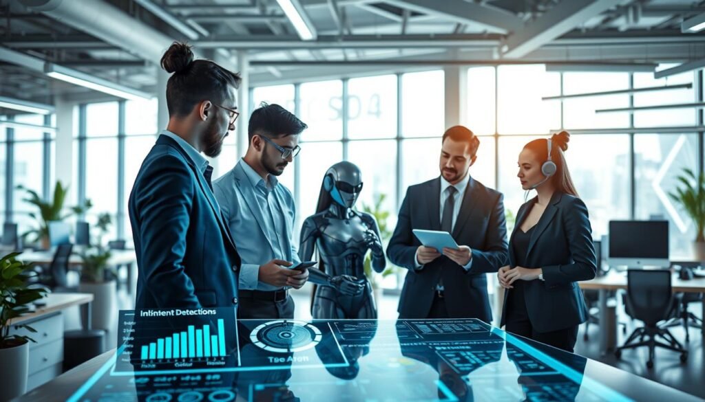 A futuristic office environment showcasing a hybrid customer service model. In the foreground, a diverse team of three professionals in smart business attire, collaborating over a sleek digital interface that displays charts and intent detection algorithms. In the middle ground, one employee interacts with an AI chatbot on a large screen, while another sorts incoming customer queries. The background features a modern open office with large windows, natural light streaming in, highlighting a creative workspace with greenery and technology. Soft blue and green lighting creates a calm, efficient atmosphere, emphasizing innovation and teamwork. The composition should have a slight depth of field effect, focusing on the professionals and the digital interface while maintaining a clear view of the collaborative environment. A futuristic office environment showcasing a hybrid customer service model. In the foreground, a diverse team of three professionals in smart business attire, collaborating over a sleek digital interface that displays charts and intent detection algorithms. In the middle ground, one employee interacts with an AI chatbot on a large screen, while another sorts incoming customer queries. The background features a modern open office with large windows, natural light streaming in, highlighting a creative workspace with greenery and technology. Soft blue and green lighting creates a calm, efficient atmosphere, emphasizing innovation and teamwork. The composition should have a slight depth of field effect, focusing on the professionals and the digital interface while maintaining a clear view of the collaborative environment.