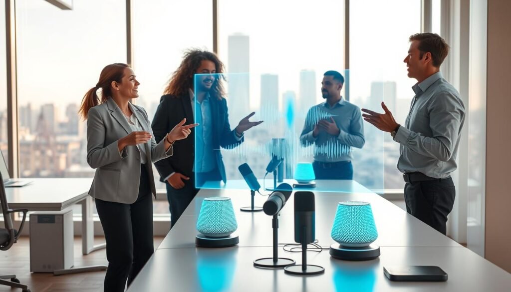 A futuristic office environment showcasing diverse professionals engaged in dynamic voice interactions with advanced AI devices. In the foreground, two individuals, a woman in a smart, fitted blazer and a man in a casual but polished shirt, are animatedly discussing ideas while gesturing toward a holographic display of sound waves and voice patterns. In the middle, sleek, minimalist desks hold high-tech microphones and smart speakers, while digital indicators reflect AI learning processes. The background features large windows with a city skyline, bathed in soft, natural light creating an uplifting atmosphere. The mood conveys innovation and collaboration, captured from a slightly elevated angle to emphasize the professionals' engagement with the voice AI technology. A futuristic office environment showcasing diverse professionals engaged in dynamic voice interactions with advanced AI devices. In the foreground, two individuals, a woman in a smart, fitted blazer and a man in a casual but polished shirt, are animatedly discussing ideas while gesturing toward a holographic display of sound waves and voice patterns. In the middle, sleek, minimalist desks hold high-tech microphones and smart speakers, while digital indicators reflect AI learning processes. The background features large windows with a city skyline, bathed in soft, natural light creating an uplifting atmosphere. The mood conveys innovation and collaboration, captured from a slightly elevated angle to emphasize the professionals' engagement with the voice AI technology.