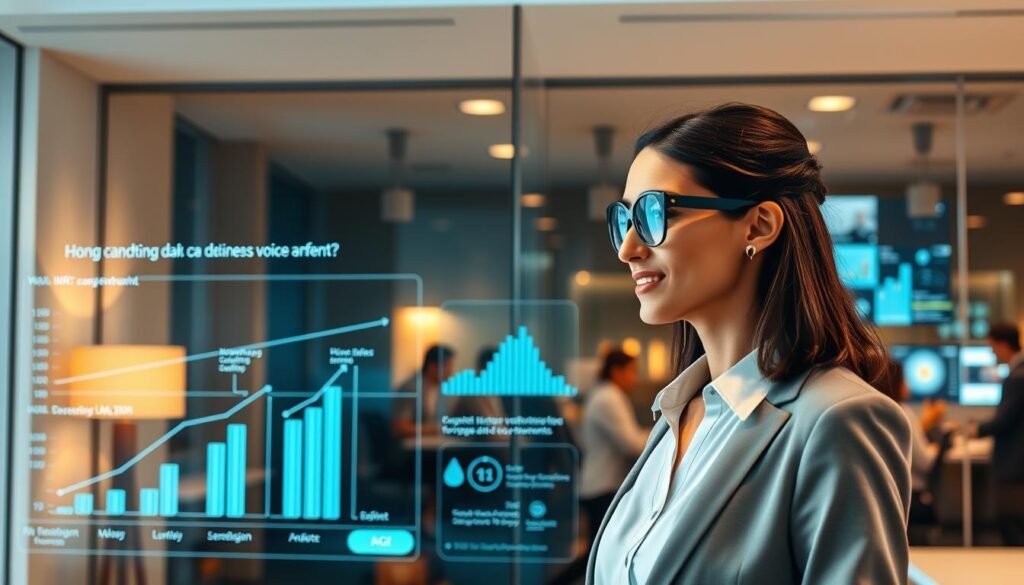 A futuristic office environment showcasing the evolution of voice AI maturity. In the foreground, a professional businesswoman in smart attire is interacting with a holographic voice assistant, demonstrating advanced AGI capabilities. The middle ground features a sleek digital dashboard displaying progress from traditional IVR systems to sophisticated voice agents. In the background, a glass wall reveals a bustling team collaborating, surrounded by digital screens showing voice analytics and AI feedback loops. Soft, ambient lighting bathes the scene in a warm glow, creating an atmosphere of innovation and growth. The angle is slightly elevated to capture both the human interaction and the technological advancements, underlining the transformational journey of voice AI in business.