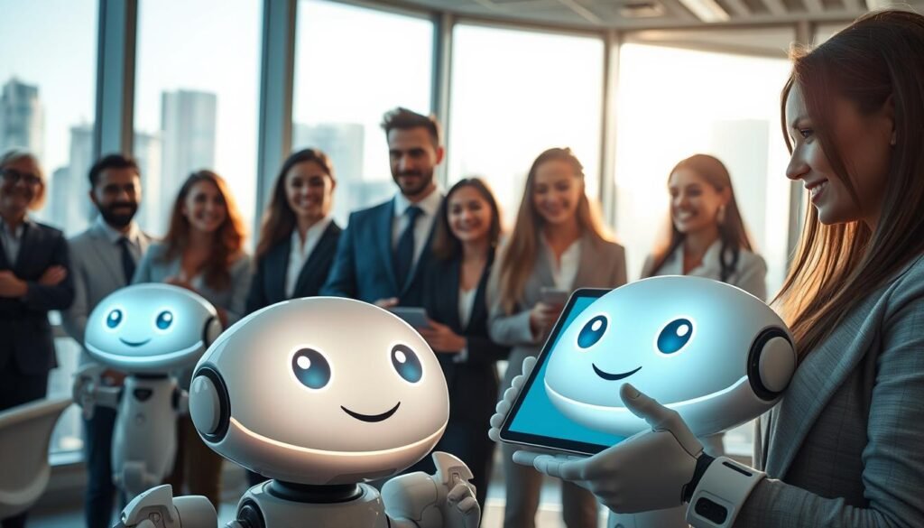 A futuristic office space showcasing advanced chatbots as sleek, glowing devices. In the foreground, a friendly-looking chatbot appears, resembling a smooth, rounded tablet with expressive digital eyes that convey warmth and understanding. In the middle ground, diverse professionals in smart business attire engage with the chatbots, smiling as they collaborate efficiently. The background features large windows with a modern city skyline bathed in natural sunlight, enhancing a positive atmosphere. Soft, diffused lighting creates an inviting environment. The angle is slightly low, emphasizing the interaction between humans and AI, encapsulating the essence of teamwork and innovation in customer service. The overall mood is optimistic and collaborative, reflecting the synergy between human workers and technology.