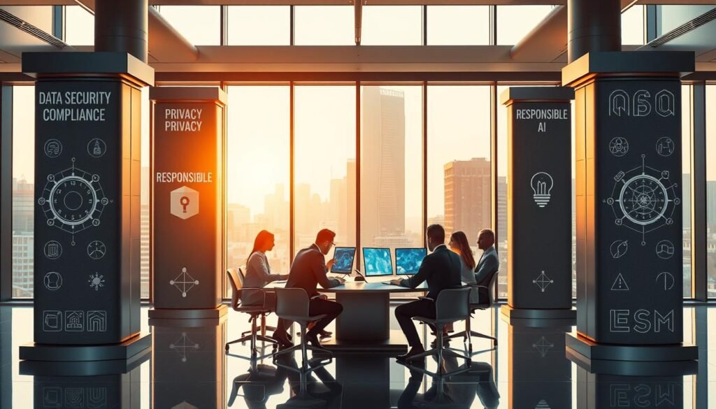 A futuristic office space symbolizing "four cornerstones of secure AI" is depicted. In the foreground, four large, imposing pillars represent Data Security, Compliance, Privacy, and Responsible AI, each inscribed with symbolic patterns. The middle features professionals—diverse men and women in business attire, engaged in discussions around a sleek conference table, analyzing complex data on digital screens. The background showcases a city skyline through large windows, ensuring a bright, sunlit atmosphere with warm lighting pouring in. To enhance focus, a soft lens blur adds depth, capturing a vibrant and productive mood that embodies trust, innovation, and security within the AI landscape. A futuristic office space symbolizing "four cornerstones of secure AI" is depicted. In the foreground, four large, imposing pillars represent Data Security, Compliance, Privacy, and Responsible AI, each inscribed with symbolic patterns. The middle features professionals—diverse men and women in business attire, engaged in discussions around a sleek conference table, analyzing complex data on digital screens. The background showcases a city skyline through large windows, ensuring a bright, sunlit atmosphere with warm lighting pouring in. To enhance focus, a soft lens blur adds depth, capturing a vibrant and productive mood that embodies trust, innovation, and security within the AI landscape.