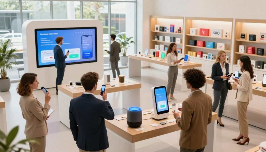 A futuristic retail environment showcasing the concept of voice commerce. In the foreground, a diverse group of professionally dressed people are interacting with smart speakers and digital displays, demonstrating a seamless shopping experience through voice commands. In the middle, a sleek, modern store layout filled with colorful products, with interactive voice AI kiosks enhancing customer engagement. The background features large windows allowing natural light to flood in, creating a warm and inviting atmosphere. The overall mood is optimistic and innovative, illustrating a harmonious integration of technology in everyday shopping. The scene is captured with a wide-angle lens, ensuring clarity and depth, emphasizing the connection between technology and customer interaction in a vibrant retail space.