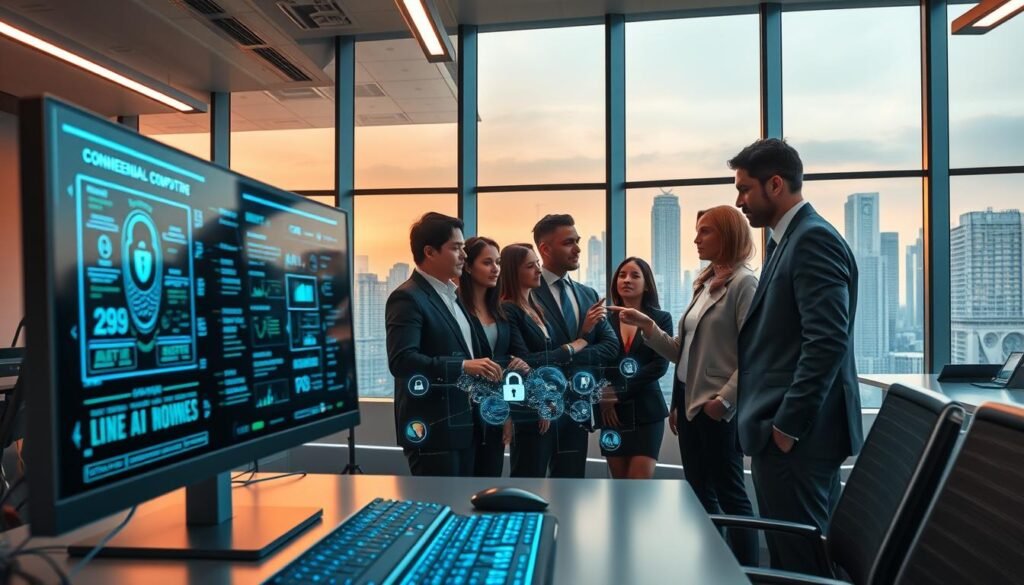 A high-tech corporate office environment showcasing confidential computing for sensitive AI workloads. In the foreground, a sleek, modern workstation with dual monitors displaying encrypted data streams and AI algorithms, surrounded by holographic interfaces. The middle ground features a diverse team of professionals in smart business attire collaborating intently, with a mixed-gender group engaged in discussion and pointing towards a digital security dashboard. In the background, large windows reveal a futuristic city skyline, bathed in warm, ambient lighting that conveys an atmosphere of innovation and trust. Soft shadows cast from strategically placed softbox lights enhance the mood of security and privacy within this cutting-edge enterprise space. Capture the scene from a slightly elevated angle to emphasize the advanced technology surrounding the team. A high-tech corporate office environment showcasing confidential computing for sensitive AI workloads. In the foreground, a sleek, modern workstation with dual monitors displaying encrypted data streams and AI algorithms, surrounded by holographic interfaces. The middle ground features a diverse team of professionals in smart business attire collaborating intently, with a mixed-gender group engaged in discussion and pointing towards a digital security dashboard. In the background, large windows reveal a futuristic city skyline, bathed in warm, ambient lighting that conveys an atmosphere of innovation and trust. Soft shadows cast from strategically placed softbox lights enhance the mood of security and privacy within this cutting-edge enterprise space. Capture the scene from a slightly elevated angle to emphasize the advanced technology surrounding the team.