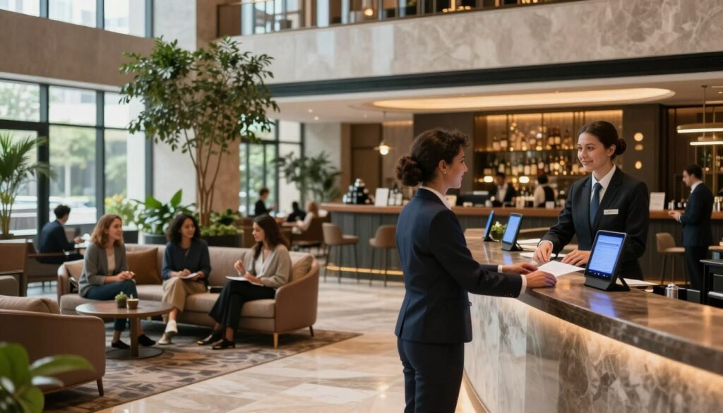 A luxurious hotel lobby scene capturing the essence of guest experience in hospitality. In the foreground, a friendly hotel receptionist in professional attire warmly assists a diverse couple arriving at the hotel, showcasing a welcoming atmosphere. In the middle ground, elegantly designed waiting areas feature comfortable seating, lush indoor plants, and subtle accent lighting that enhances the ambiance. Guests can be seen engaging with voice-activated AI devices seamlessly integrated into the environment, exemplifying the use of technology in enhancing their stay. The background displays a stunning view of the hotel’s architectural design, highlighting large windows and an inviting bar area. Soft, natural light filters through, creating a cozy yet sophisticated mood that conveys warmth and innovation in guest services.