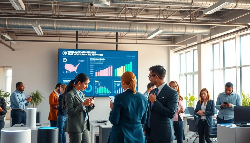 A modern and dynamic office environment showcasing various voice assistants in action. In the foreground, a diverse group of professionals in smart casual attire interacts with sleek, futuristic devices, such as smart speakers and voice recognition displays. The middle ground features a large, interactive screen displaying analytics and trends related to voice assistant adoption in the United States. In the background, a bright and airy office space with large windows lets in natural light, illuminated with soft, warm tones. The atmosphere conveys a sense of innovation and efficiency, highlighting the growing mainstream acceptance of voice AI technology. The camera angle is slightly elevated, focusing on the interactions while capturing the vibrancy of the office setting.