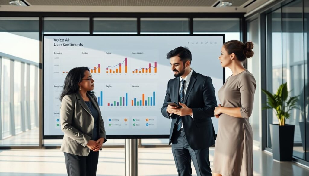 A modern and sleek office environment with a professional analytics dashboard displayed on a large screen. In the foreground, a diverse group of three business professionals—a middle-aged Black woman in a blazer, a young Hispanic man in smart casual attire, and a Caucasian woman in a professional dress—are engaging in a thoughtful discussion, analyzing user sentiment data represented by colorful graphs and emoticon icons. The background features large windows with natural daylight streaming in, casting soft shadows across the room. The mood is collaborative and focused, highlighting the importance of voice AI in enhancing user interactions. Use a wide-angle lens to capture both the people and the dashboard in detail, ensuring a clear, engaging, and professional atmosphere without any text or distracting elements. A modern and sleek office environment with a professional analytics dashboard displayed on a large screen. In the foreground, a diverse group of three business professionals—a middle-aged Black woman in a blazer, a young Hispanic man in smart casual attire, and a Caucasian woman in a professional dress—are engaging in a thoughtful discussion, analyzing user sentiment data represented by colorful graphs and emoticon icons. The background features large windows with natural daylight streaming in, casting soft shadows across the room. The mood is collaborative and focused, highlighting the importance of voice AI in enhancing user interactions. Use a wide-angle lens to capture both the people and the dashboard in detail, ensuring a clear, engaging, and professional atmosphere without any text or distracting elements.