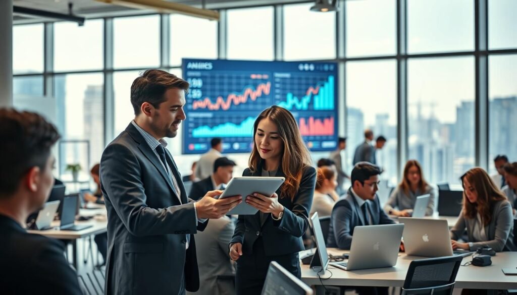 A modern, bustling office environment showcasing a diverse team of professionals collaborating effectively, with a large screen displaying AI-driven analytics and graphs in the background. In the foreground, a male and female colleague discuss over a tablet, both dressed in smart business attire, conveying focus and engagement. The middle ground features a variety of team members at their desks, utilizing advanced technology, such as laptops and digital tablets, to enhance productivity. The background includes large windows with a cityscape view, allowing natural light to flood the space, creating a vibrant atmosphere of innovation and teamwork. The overall mood is dynamic, reflecting the synergy of technology and human collaboration as organizations scale operations seamlessly with AI solutions.