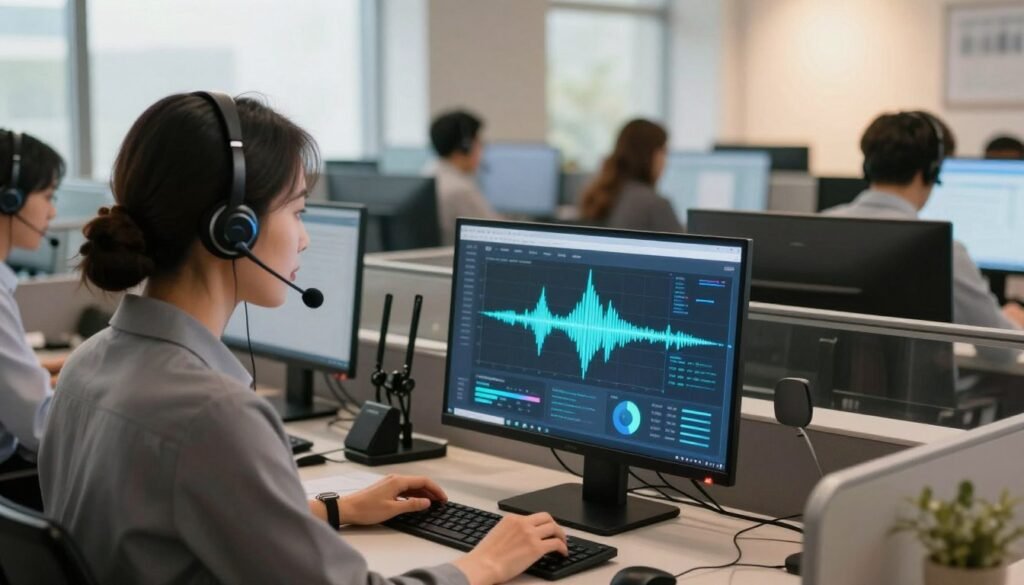 A modern call center environment showcasing advanced speech recognition technology. In the foreground, a focused business professional wearing smart attire is interacting with a sophisticated AI voice interface on a sleek computer screen, where visual waveforms and sound patterns illustrate data processing. The middle layer features an array of headsets and microphones, emphasizing the tools used in voice AI. In the background, blurred office cubicles are filled with employees engaging in discussions, highlighting a dynamic workplace atmosphere. Natural lighting from large windows casts a warm glow, creating an inviting, yet innovative ambiance. The image captures the essence of AI technology transforming communication in business, embodying both efficiency and modernity.