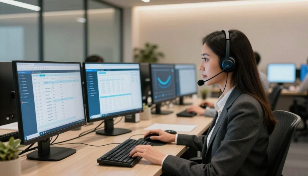 A modern call center environment showcasing real-time booking technology. In the foreground, a professional businesswoman in smart attire engages with a voice AI interface on her headset, displaying keen focus and interaction. In the middle, multiple sleek workstations with state-of-the-art computer displays show dynamic booking schedules and data visualization, radiating efficiency. In the background, soft lighting creates a warm, inviting atmosphere, subtly highlighting soundproof glass walls and contemporary décor. The scene is captured with a wide-angle lens that emphasizes the seamless integration of technology and human interaction, conveying a sense of innovation and progress in customer service. The overall mood is professional and futuristic, reflecting the advancement of voice AI in contact centers.