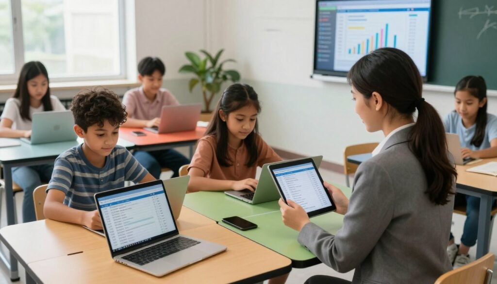 A modern classroom setting focused on attendance tracking. In the foreground, a teacher in professional attire uses a tablet to monitor attendance, surrounded by colorful student desks arranged in a collaborative layout. The middle ground features engaged students, diverse in age and ethnicity, using laptops and tablets, displaying a lively and interactive learning environment. In the background, a digital screen shows real-time attendance data visually represented with graphs and charts. Soft, natural lighting illuminates the scene, highlighting the friendly atmosphere. The composition is captured from a slight high angle, providing an overview of the classroom dynamics, emphasizing the integration of technology in education with a sense of efficiency and innovation.