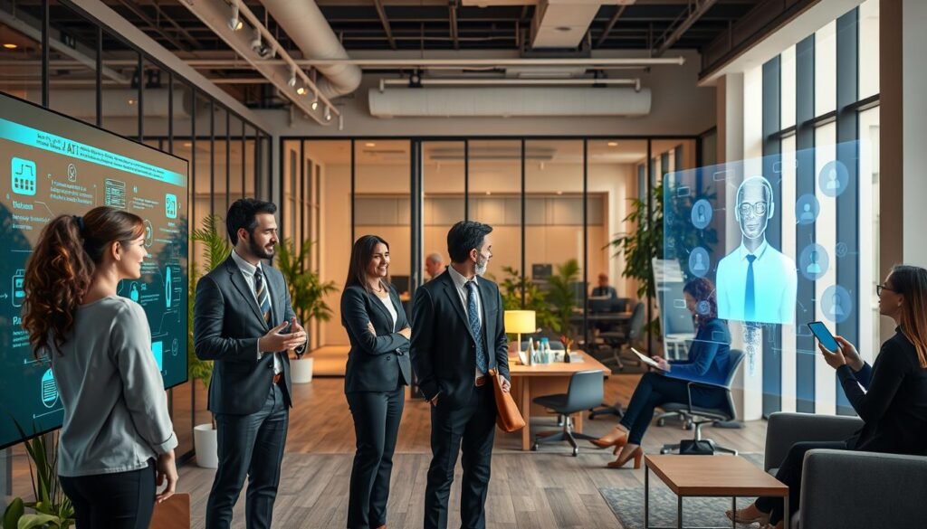 A modern customer service environment showcasing the collaboration between AI and humans. In the foreground, a diverse group of professionals in business attire engage with a sleek, futuristic AI interface displayed on a large screen. The middle ground features a cozy office space with glass partitions, natural plants, and ergonomic furniture, emphasizing a productive atmosphere. In the background, a virtual assistant hologram interacts with customers on digital devices, symbolizing AI's capabilities in enhancing customer service. Soft, warm lighting creates an inviting mood, casting gentle shadows. A wide-angle lens perspective captures the entirety of the scene, illustrating the harmony between human and AI collaboration in customer interactions.