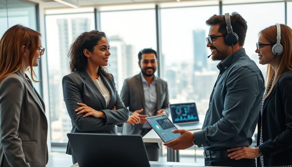 A modern customer service support scene in a bright, well-lit office environment. In the foreground, a diverse group of three professionals engaged in a discussion: a woman in a sleek business suit, a man in a smart-casual outfit, and a person wearing glasses with a modern headset. They are gathered around a digital display showing analytics and customer feedback. In the middle, desks with cutting-edge technology like laptops and multiple screens displaying data. The background features a large window allowing natural light, with city views creating a vibrant and energetic atmosphere. The mood is collaborative and innovative, reflecting a blend of AI automation and traditional software solutions. Shot with a slightly low angle to emphasize the professionalism and enthusiasm of the team, with soft lighting highlighting their expressions. A modern customer service support scene in a bright, well-lit office environment. In the foreground, a diverse group of three professionals engaged in a discussion: a woman in a sleek business suit, a man in a smart-casual outfit, and a person wearing glasses with a modern headset. They are gathered around a digital display showing analytics and customer feedback. In the middle, desks with cutting-edge technology like laptops and multiple screens displaying data. The background features a large window allowing natural light, with city views creating a vibrant and energetic atmosphere. The mood is collaborative and innovative, reflecting a blend of AI automation and traditional software solutions. Shot with a slightly low angle to emphasize the professionalism and enthusiasm of the team, with soft lighting highlighting their expressions.