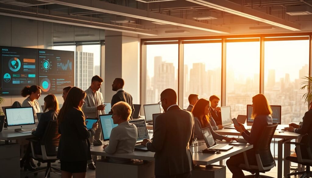 A modern, dynamic office environment showcasing diverse support teams collaboratively implementing AI solutions. In the foreground, a diverse group of professionals in business attire engages with laptops and tablets, analyzing data and discussing strategies. The middle ground features ergonomic workstations with engaging screens displaying AI analytics and customer feedback, creating an atmosphere of innovation and teamwork. In the background, large windows let in natural light, revealing a bustling city skyline, symbolizing growth and opportunity. The scene is well-lit, conveying a sense of optimism and forward-thinking while maintaining a clear, organized composition. Soft shadows enhance depth, creating a professional yet welcoming atmosphere that reflects the journey of integrating AI into customer support. A modern, dynamic office environment showcasing diverse support teams collaboratively implementing AI solutions. In the foreground, a diverse group of professionals in business attire engages with laptops and tablets, analyzing data and discussing strategies. The middle ground features ergonomic workstations with engaging screens displaying AI analytics and customer feedback, creating an atmosphere of innovation and teamwork. In the background, large windows let in natural light, revealing a bustling city skyline, symbolizing growth and opportunity. The scene is well-lit, conveying a sense of optimism and forward-thinking while maintaining a clear, organized composition. Soft shadows enhance depth, creating a professional yet welcoming atmosphere that reflects the journey of integrating AI into customer support.