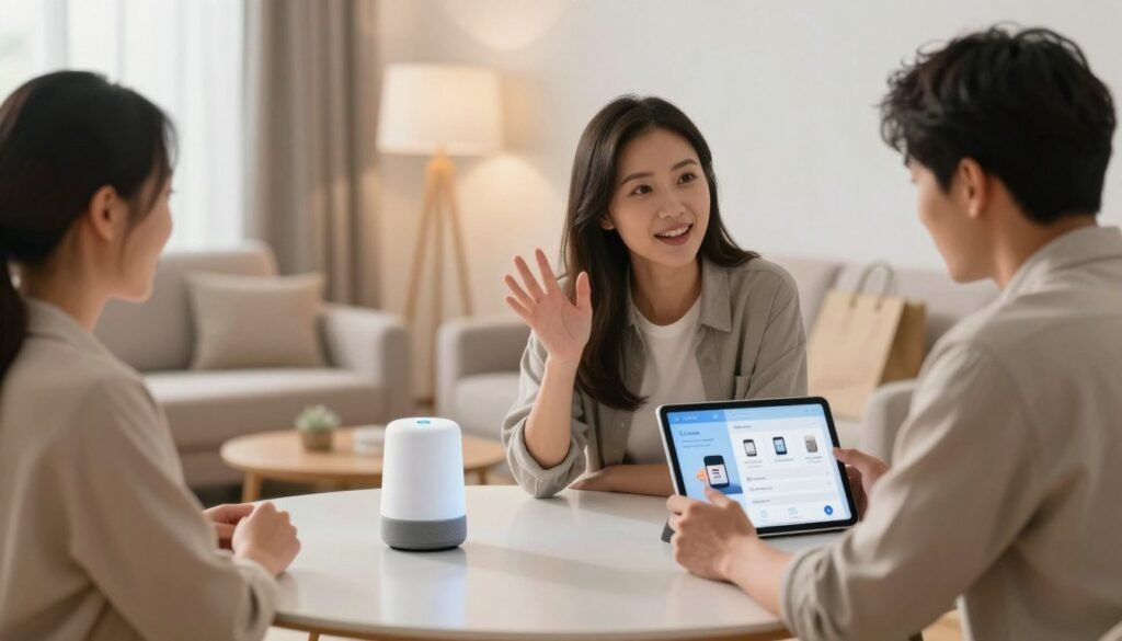 A modern e-commerce scene illustrating "voice commerce" in action. In the foreground, a diverse group of three people—two women and one man—are engaging with a smart voice assistant device placed on a sleek, minimalist table. One woman is gesturing while speaking, and the man is looking at a tablet displaying product options. In the middle ground, a stylish living room with contemporary furniture and soft, warm lighting creates a comfortable atmosphere. In the background, subtle hints of shopping elements like bags and a faint outline of a digital interface featuring voice-activated shopping options can be seen. Use soft focus with a shallow depth of field to emphasize the characters and their interaction, while ensuring a bright, inviting mood that conveys the excitement of innovative online shopping experiences.