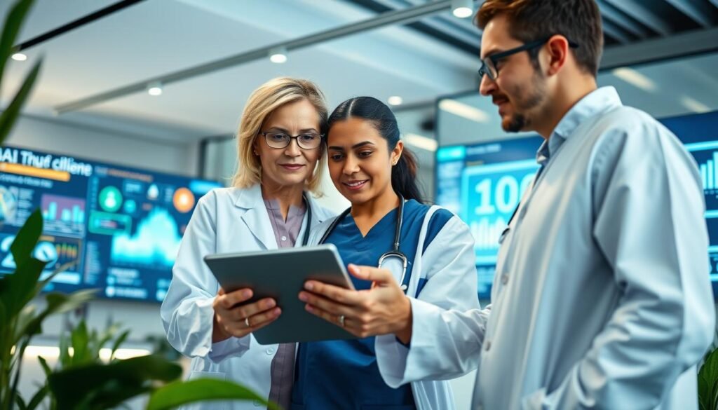 A modern healthcare communication scene featuring a diverse group of healthcare professionals engaged in a collaborative discussion over a digital tablet. In the foreground, a middle-aged woman in a lab coat and a young man in scrubs analyze patient data, both displaying expressions of focus and engagement. The middle ground includes a sleek, high-tech office environment with large screens showing analytics and AI interfaces. The background features soft, ambient lighting with green plants adding a calming atmosphere. The overall mood conveys innovation and professionalism, symbolizing AI’s role in enhancing healthcare customer support. The scene is shot from a slightly elevated angle, creating depth and emphasizing the teamwork in patient communication.