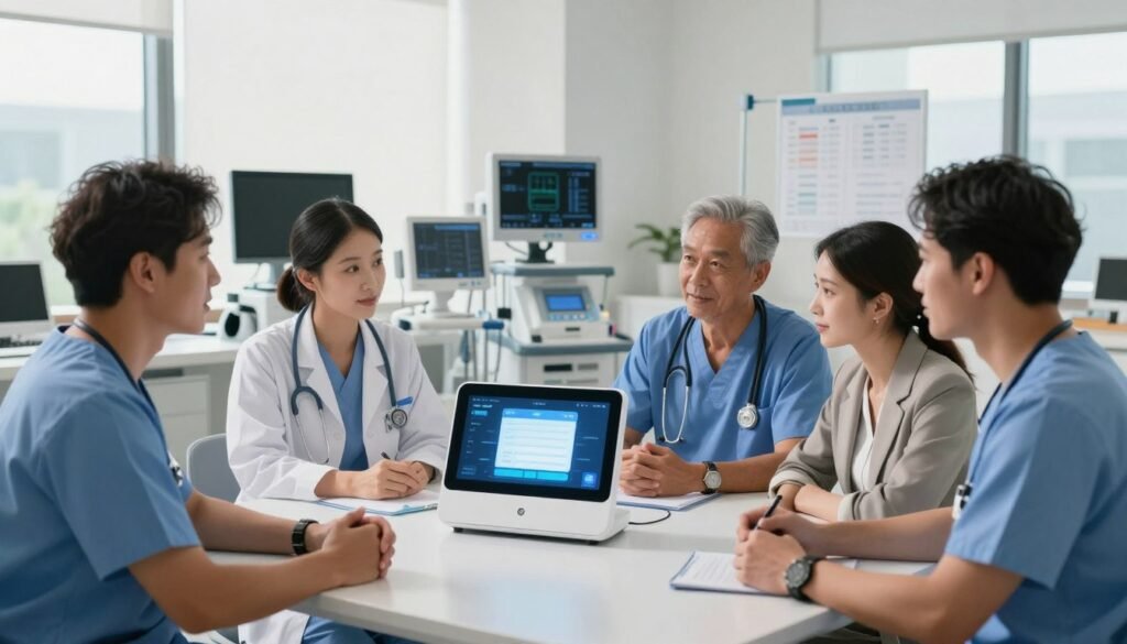 A modern healthcare environment showcasing voice AI safety readiness. In the foreground, a diverse group of healthcare professionals, dressed in professional scrubs and business attire, engage in a collaborative discussion around a sleek, interactive voice-controlled device. In the middle ground, medical equipment like monitors and patient charts are neatly arranged, highlighting a workspace that embodies operational readiness. The background features large windows allowing soft, natural light to flood the room, creating a warm and welcoming atmosphere. The overall mood conveys a sense of focus and determination, emphasizing the safe integration of voice AI in healthcare settings. Capture this scene using a wide-angle lens, ensuring clarity and detail that highlights both the technology and the teamwork involved in deploying AI solutions effectively.