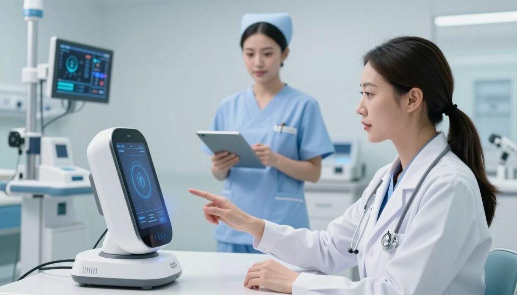A modern, high-tech hospital environment focused on voice AI technology in healthcare. In the foreground, a professional female physician in a lab coat is interacting with a sleek, futuristic voice AI device on a desk, showing concentration and engagement. In the middle ground, a nurse using a handheld tablet is seen directing the voice AI to input patient data while maintaining a calm demeanor. The background features a bright, sterile hospital room with advanced medical equipment and digital screens displaying patient information. Bright, soft lighting enhances the scene, creating an atmosphere of efficiency and innovation. The angle is slightly elevated, providing a comprehensive view of the workflow and showcasing how voice AI reduces administrative burdens in healthcare.