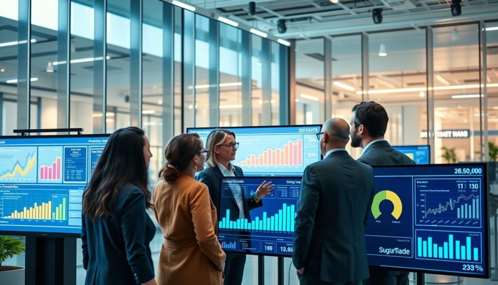 A modern, high-tech office environment depicting supply chain data insights on multiple screens. In the foreground, a diverse team of professionals in business attire, engaged in a discussion, analyzing visual charts and graphs showcasing predictive analytics. The middle ground features large digital displays with complex data visualizations illustrating demand forecasting, inventory levels, and cost reduction metrics. The background shows a sleek, contemporary office with glass walls, allowing natural light to pour in, enhancing the atmosphere of inclusivity and innovation. The overall mood is optimistic and forward-thinking, emphasizing the transformative impact of AI on supply chain efficiency. Capture the scene from a slightly elevated angle to provide a comprehensive view of the collaborative effort in utilizing AI-driven insights.
