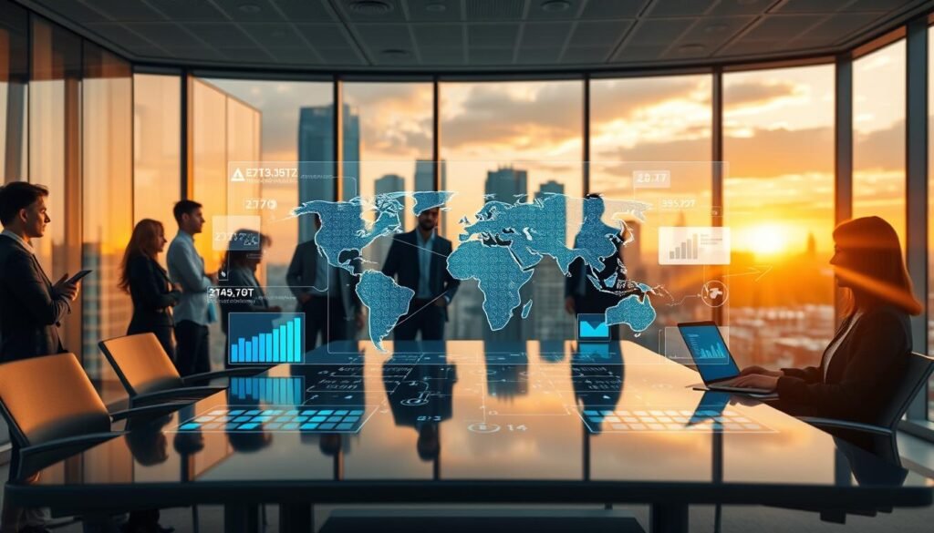 A modern, high-tech office environment designed to represent interconnected systems. In the foreground, a diverse group of professionals in business attire, engaged and collaborating around a sleek conference table with digital interfaces displaying data analytics and call recovery statistics. In the middle ground, transparent touchscreen displays showcasing a map of the interlinked AI systems, symbolizing the seamless integration of technology. In the background, large windows reveal an urban skyline at sunset, casting warm, golden light into the room, creating an inspiring atmosphere. The image conveys a sense of innovation and productivity, embodying the potential of AI to transform missed calls into meaningful business opportunities. Aim for a clear depth of field, focusing sharply on the professionals while gently blurring the background elements.