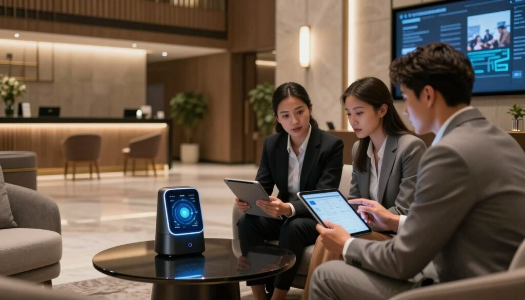 A modern hotel lobby scene showcasing the evaluation of voice assistant technology. In the foreground, a diverse group of three professionals in smart business attire gathers around a sleek tablet, discussing voice AI systems. They appear engaged, analyzing data on the tablet's screen. In the middle ground, a voice-activated AI device sits prominently on a chic coffee table, its interface glowing softly. The background features a contemporary hotel reception area, with stylish decor, soft ambient lighting creating a warm atmosphere, and a large digital display that hints at advanced technology. The overall mood conveys professionalism and innovation, with the focus on seamless interaction between guests and AI systems. Use a wide-angle lens to capture the depth of the scene, ensuring clarity and focus on the professionals.