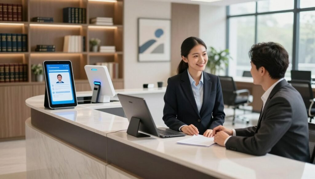 A modern law office reception area, featuring a sleek reception desk with a high-tech client intake kiosk. In the foreground, a professional receptionist in business attire is assisting a client, both smiling and engaged in conversation. The middle ground showcases advanced AI automation devices, such as a digital sign-in tablet and a virtual assistant screen displaying an interactive client intake form. The background features elegant decor, including bookshelves filled with legal texts and modern artwork, with natural light streaming in through large windows, creating a warm and inviting atmosphere. The scene is shot from a slightly elevated angle to capture the activity and professionalism of this automated client intake process, emphasizing efficiency and modernity.