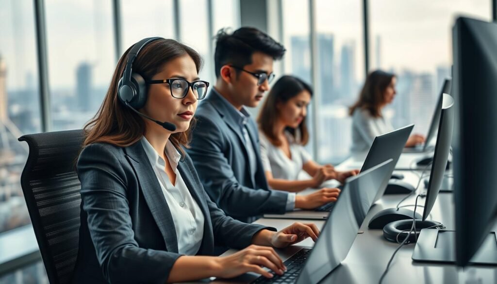 A modern office customer service environment, featuring a diverse group of professionals in business attire working collaboratively at sleek desks. In the foreground, a customer service representative, a middle-aged woman with glasses, is engaging with customers through a headset while analyzing data on a computer screen. In the middle, another team member, a young man of Asian descent, is using an AI tool on a laptop, demonstrating automation in action. The background showcases a large window with a view of a city skyline, with soft, natural light illuminating the space. The atmosphere is focused and productive, conveying a sense of efficiency and innovation in customer support automation. The scene should be captured with a slight depth of field to emphasize the foreground subjects while softening the background.