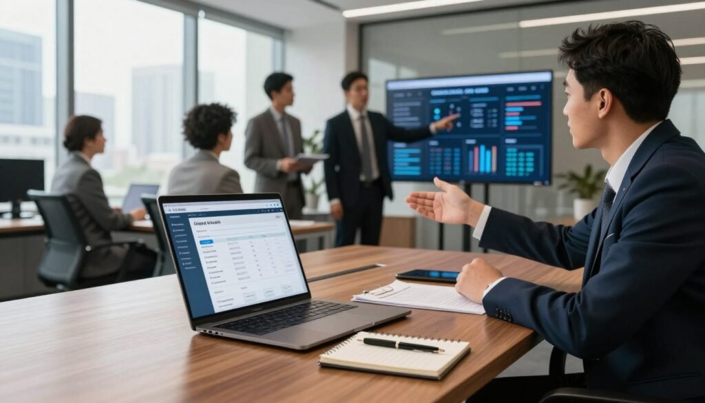 A modern office environment depicting a professional law firm utilizing advanced AI practice management tools. In the foreground, an elegantly designed wooden desk with a laptop open, displaying a user interface for client intake and case management. Papers and a stylish notepad with a pen are neatly arranged beside it. In the middle ground, a diverse group of business professionals in formal attire are engaged in a collaborative discussion, one pointing at a digital screen showcasing data analytics and case visibility metrics. The background features large windows with natural light pouring in, revealing a cityscape. The atmosphere is innovative and forward-thinking, emphasizing efficiency and teamwork in modern legal practices. Use warm lighting to create an inviting yet professional mood. A modern office environment depicting a professional law firm utilizing advanced AI practice management tools. In the foreground, an elegantly designed wooden desk with a laptop open, displaying a user interface for client intake and case management. Papers and a stylish notepad with a pen are neatly arranged beside it. In the middle ground, a diverse group of business professionals in formal attire are engaged in a collaborative discussion, one pointing at a digital screen showcasing data analytics and case visibility metrics. The background features large windows with natural light pouring in, revealing a cityscape. The atmosphere is innovative and forward-thinking, emphasizing efficiency and teamwork in modern legal practices. Use warm lighting to create an inviting yet professional mood.