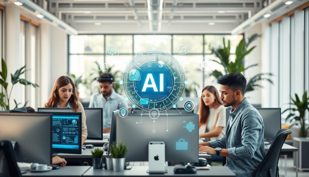 A modern office environment depicting customer service automation in action. In the foreground, a diverse team of professionals is engaged in their tasks, wearing smart casual attire, interacting with sleek computer screens showing AI chatbots and data analytics. In the middle, an abstract representation of AI technology, such as digital interfaces and flowing data streams, symbolizes the automation process. The background features a bright, well-lit office space with large windows letting in natural light, plants for a refreshing ambiance, and low-key contemporary furniture. The mood is innovative and productive, highlighting the seamless integration of technology in customer service. Use soft, diffused lighting to create an inviting atmosphere, captured from a slightly elevated angle to showcase the dynamic workspace.