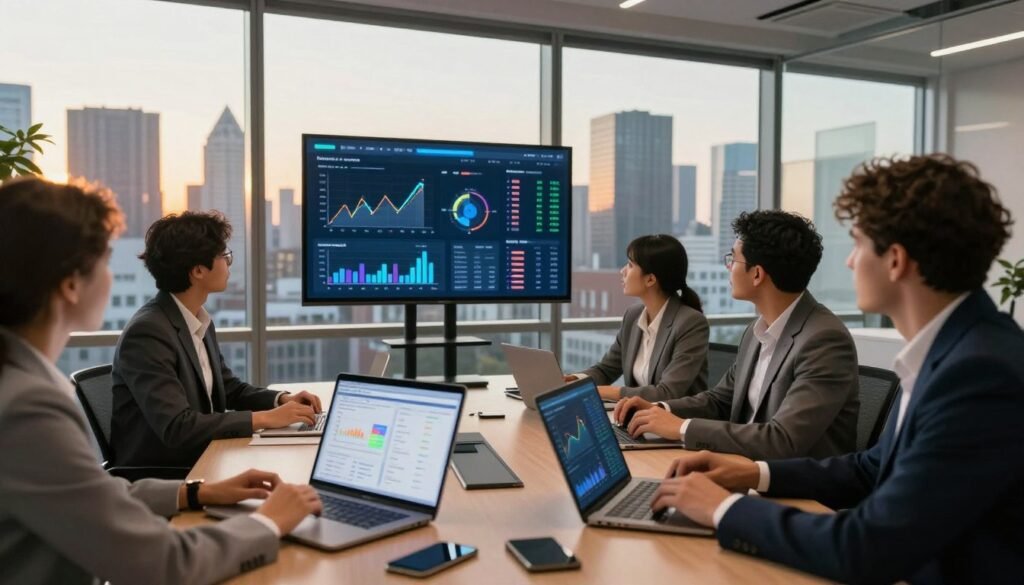A modern office environment featuring a diverse group of professional real estate agents engaged in a dynamic discussion around a sleek conference table. In the foreground, display various digital devices showing graphs, charts, and data visualizations related to market insights and property valuation. The middle ground includes a large screen displaying an interactive AI dashboard with key statistics and property trends. In the background, large windows expose a vibrant city skyline during golden hour, casting warm light into the room. The atmosphere conveys energy and determination, emphasizing collaboration and cutting-edge technology in the world of real estate. Use soft lighting to create a welcoming yet professional ambiance, captured with a slight wide-angle lens to enhance the sense of space.