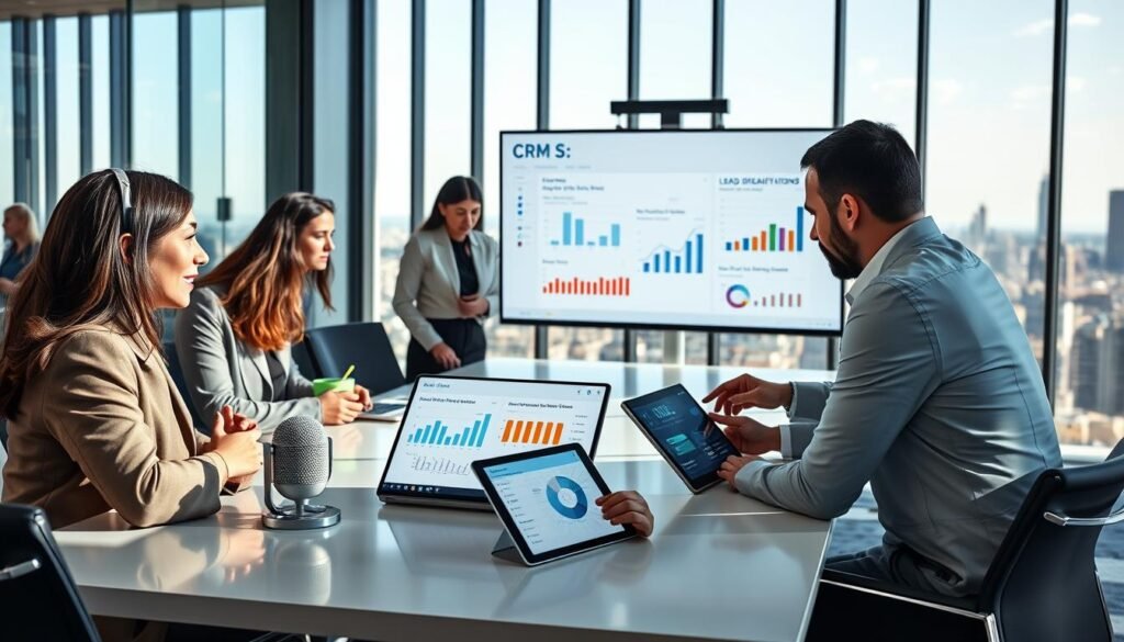 A modern office environment featuring a diverse group of professionals collaborating around a sleek conference table. In the foreground, a confident woman in business attire speaks into a high-tech voice AI device, while a man analyzes data on a tablet displaying CRM software. The middle ground showcases a large touchscreen monitor with charts and graphs illustrating CRM integration and lead qualification processes. In the background, there are glass walls and a city skyline visible through the windows, with natural light streaming in, creating a vibrant and energetic atmosphere. The overall mood is focused and professional, emphasizing teamwork and technology in the realm of sales.