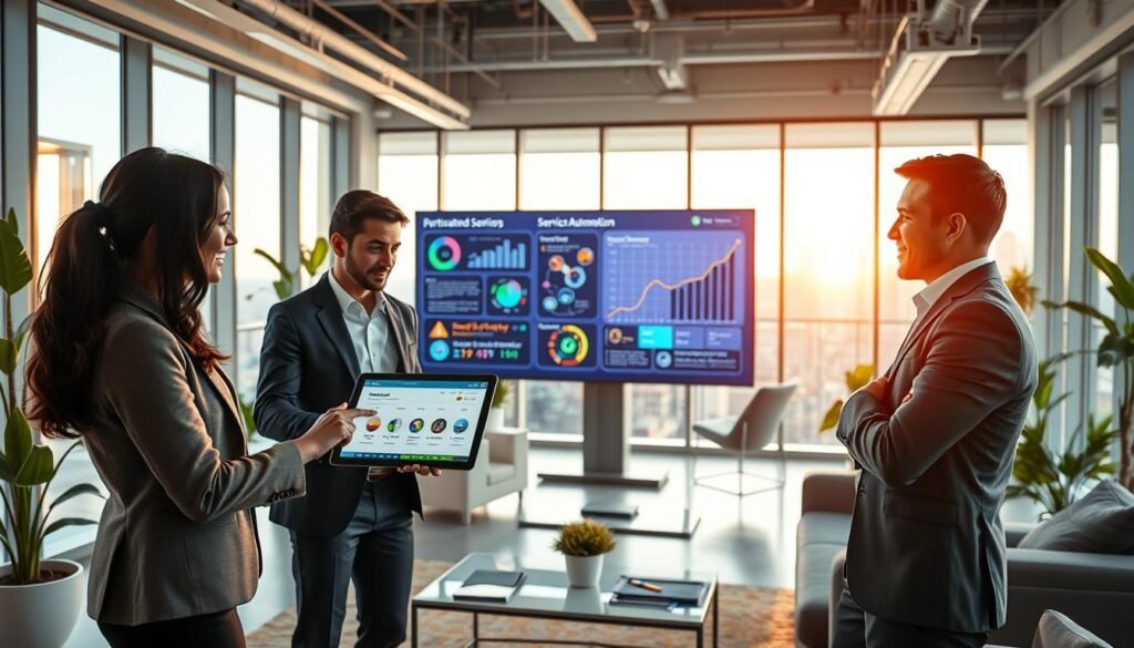A modern office environment featuring a diverse group of professionals engaged in a discussion about service automation. In the foreground, a woman in a smart suit points at a digital tablet displaying automated service workflows, while a man in business casual attire nods in agreement. In the middle ground, a large screen showcases visualized data analytics and AI tools streamlining customer support processes. The background includes sleek office furniture, plants, and floor-to-ceiling windows with a bright cityscape outside, symbolizing innovation. Soft natural lighting creates a vibrant atmosphere, emphasizing collaboration and forward-thinking. The overall mood is focused and optimistic, illustrating the potential of AI in improving service automation while avoiding common pitfalls.