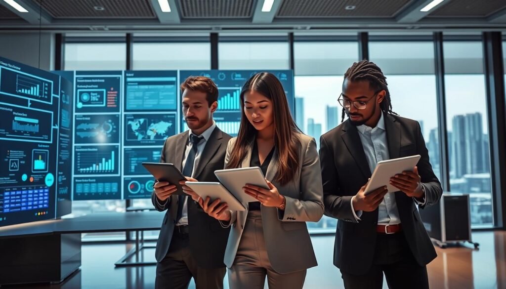 A modern office environment featuring a large digital display showcasing AI algorithms optimizing response times. In the foreground, a diverse group of three professionals in business attire is holding tablets, attentively analyzing real-time data regarding customer support efficiency. The middle layer highlights transparent screens filled with graphical representations of data flow and analytics, illustrating the AI's performance metrics. The background features a sleek workstation with advanced computing equipment and a view of a city skyline through large windows. Soft, diffused lighting enhances the futuristic ambiance, while the camera angle provides a slightly elevated perspective, conveying a sense of innovation and progress in AI technology. The mood is dynamic and focused, reflecting the theme of optimization and efficiency in customer support. A modern office environment featuring a large digital display showcasing AI algorithms optimizing response times. In the foreground, a diverse group of three professionals in business attire is holding tablets, attentively analyzing real-time data regarding customer support efficiency. The middle layer highlights transparent screens filled with graphical representations of data flow and analytics, illustrating the AI's performance metrics. The background features a sleek workstation with advanced computing equipment and a view of a city skyline through large windows. Soft, diffused lighting enhances the futuristic ambiance, while the camera angle provides a slightly elevated perspective, conveying a sense of innovation and progress in AI technology. The mood is dynamic and focused, reflecting the theme of optimization and efficiency in customer support.