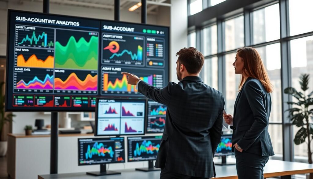 A modern office environment featuring a large screen displaying intricate sub-account analytics data, showcasing various graphs and charts with vibrant colors. In the foreground, two professional individuals in business attire are intently analyzing the data, one pointing at the screen while the other takes notes. In the middle ground, there are multiple smaller screens illustrating agent-level views, offering a comparative perspective. The background shows a sleek, contemporary office decor with natural lighting filtering through large windows, creating a bright and productive atmosphere. The camera angle is slightly tilted to provide depth, emphasizing the teamwork and focus on analytics, with an overall mood of collaboration and innovation in business operations. A modern office environment featuring a large screen displaying intricate sub-account analytics data, showcasing various graphs and charts with vibrant colors. In the foreground, two professional individuals in business attire are intently analyzing the data, one pointing at the screen while the other takes notes. In the middle ground, there are multiple smaller screens illustrating agent-level views, offering a comparative perspective. The background shows a sleek, contemporary office decor with natural lighting filtering through large windows, creating a bright and productive atmosphere. The camera angle is slightly tilted to provide depth, emphasizing the teamwork and focus on analytics, with an overall mood of collaboration and innovation in business operations.