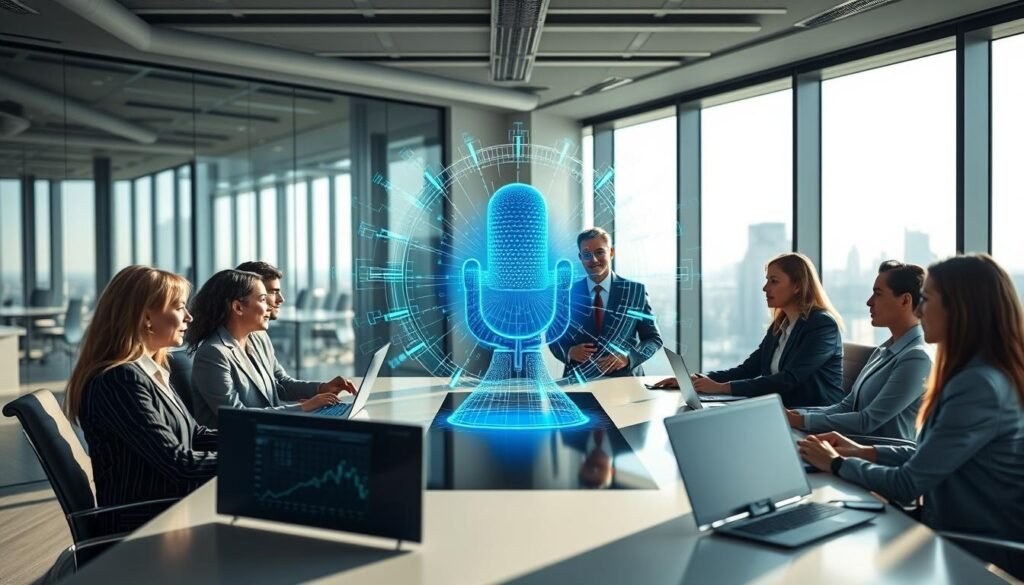 A modern office environment featuring a professional team engaged in a conversation with an advanced voice AI agent. In the foreground, a diverse group of professionals, dressed in smart business attire, are gathered around a sleek conference table, analyzing digital data displayed on modern screens. In the middle ground, a translucent, futuristic voice AI hologram emits vibrant blue and green pulses, symbolizing data processing and communication. The background showcases large windows with a city skyline, allowing natural light to fill the room, casting soft shadows and creating a focused atmosphere. The mood is collaborative and innovative, highlighting the efficient integration of AI technology in lead qualification processes. The image should be well-lit, with a shallow depth of field, enhancing the central voice agent's prominence and significance in real conversations.