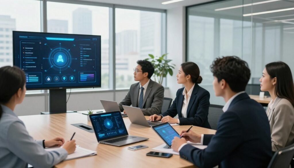 A modern office environment featuring a sleek conference room where a diverse group of professionals in business attire are engaged in a discussion. In the foreground, a high-tech voice AI interface is displayed on a large screen, showing optimized call routing flows. The middle ground reveals team members analyzing data on tablets, highlighting efficiency and collaboration. The background consists of large windows with city views, providing a bright and dynamic atmosphere. Soft natural lighting enhances the professionalism of the scene, while the composition is shot from a slightly elevated angle to capture the energy of the meeting. The overall mood is forward-thinking and innovative, emphasizing the transition from traditional IVR systems to advanced voice AI technology. A modern office environment featuring a sleek conference room where a diverse group of professionals in business attire are engaged in a discussion. In the foreground, a high-tech voice AI interface is displayed on a large screen, showing optimized call routing flows. The middle ground reveals team members analyzing data on tablets, highlighting efficiency and collaboration. The background consists of large windows with city views, providing a bright and dynamic atmosphere. Soft natural lighting enhances the professionalism of the scene, while the composition is shot from a slightly elevated angle to capture the energy of the meeting. The overall mood is forward-thinking and innovative, emphasizing the transition from traditional IVR systems to advanced voice AI technology.