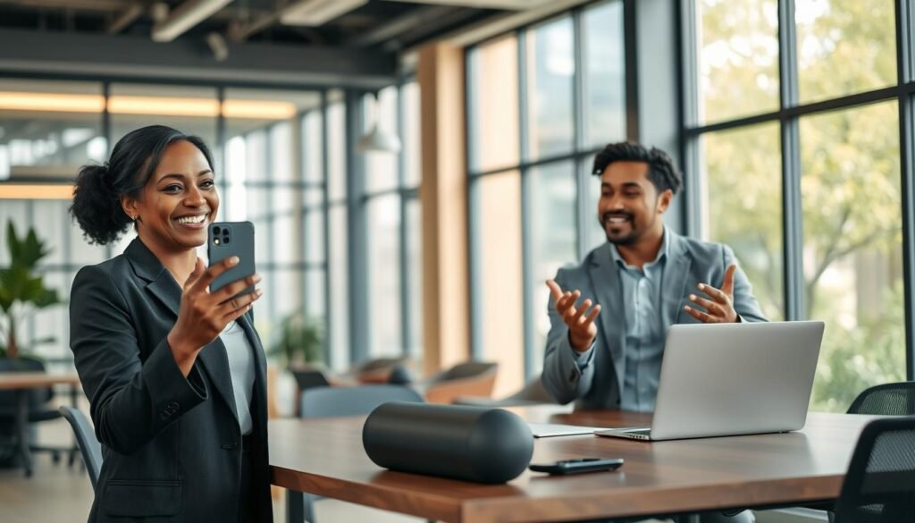 A modern office environment featuring two professional voice agents engaging in a friendly conversation over a smartphone. In the foreground, a mid-30s Black woman wearing business attire, holding the phone with a confident smile, reflects human-like empathy. Next to her, a young Asian man in smart casual clothing gestures expressively, with an attentive and knowledgeable demeanor. The middle ground showcases a sleek desk with cutting-edge technology like a laptop and smart speakers, emphasizing the integration of AI in everyday communication. In the background, large windows allow natural light to fill the space, creating a warm, inviting atmosphere. The image conveys a sense of ease, collaboration, and the seamless interaction between humans and technology.