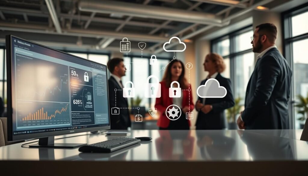 A modern office environment focused on data security and compliance controls. In the foreground, a sleek, high-tech desktop featuring a large monitor displaying intricate charts and graphs related to data management. Professional business clothing is worn by a diverse group of three individuals, engaged in serious discussion, reflecting a collaborative atmosphere. The middle ground shows various data protection icons like locks, shields, and cloud symbols arranged artistically, representing security measures. In the background, large windows allow natural light to flood the space, contrasting against warm indoor lighting, creating a balanced ambiance. The overall mood is one of professionalism and focus on the importance of data integrity in customer interactions, emphasizing a future-oriented approach to technology.