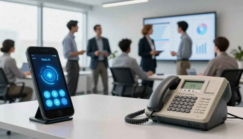 A modern office environment showcasing a contrast between legacy IVR systems and advanced Voice AI. In the foreground, a sleek, state-of-the-art voice AI interface, with glowing buttons and a futuristic look, represents the latest technology. Adjacent, an outdated IVR phone system, dusty and complex, illustrates past technology. In the middle ground, a diverse group of professionals in smart business attire, engaged in a strategic discussion, analyzing data on a large screen displaying Voice AI metrics. In the background, large windows let in soft, natural light, creating a bright and optimistic atmosphere. The perspective is slightly angled to emphasize the shift in technology. The mood is innovative and forward-thinking, highlighting the evolution from traditional systems to modern solutions. A modern office environment showcasing a contrast between legacy IVR systems and advanced Voice AI. In the foreground, a sleek, state-of-the-art voice AI interface, with glowing buttons and a futuristic look, represents the latest technology. Adjacent, an outdated IVR phone system, dusty and complex, illustrates past technology. In the middle ground, a diverse group of professionals in smart business attire, engaged in a strategic discussion, analyzing data on a large screen displaying Voice AI metrics. In the background, large windows let in soft, natural light, creating a bright and optimistic atmosphere. The perspective is slightly angled to emphasize the shift in technology. The mood is innovative and forward-thinking, highlighting the evolution from traditional systems to modern solutions.